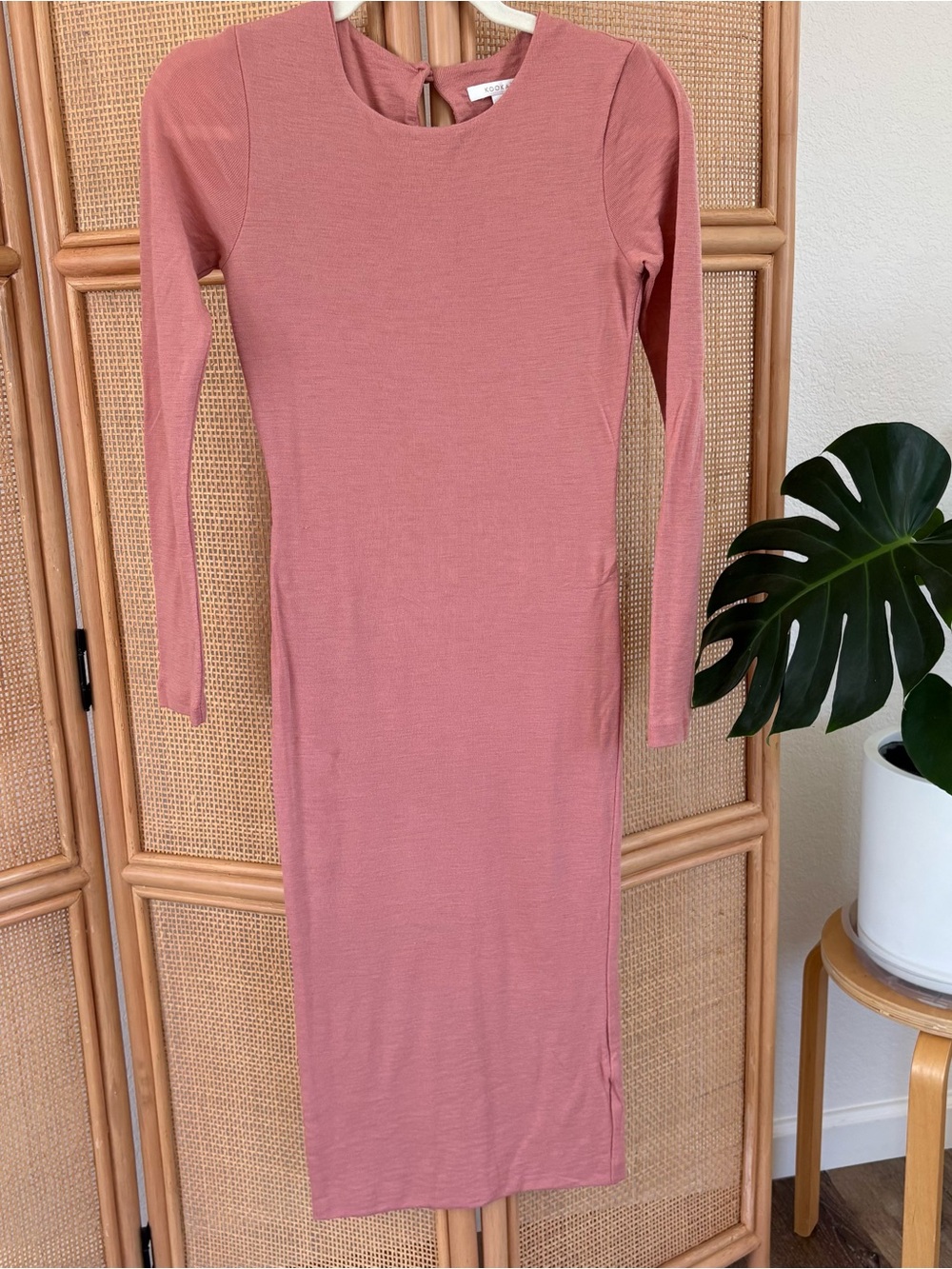 Kookai Merino Wool Jersey Crew Neck Bodycon Dress in Ginger Pink Size: AU1/US 2